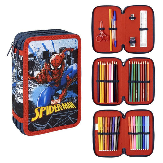 Spiderman Spielzeug | Kostüme > Schulzubehör > Mäppchen und Etuis Dreifaches Federmäppchen Spiderman 43 Stücke Blau (12 x 19,5 x 6,5 cm)