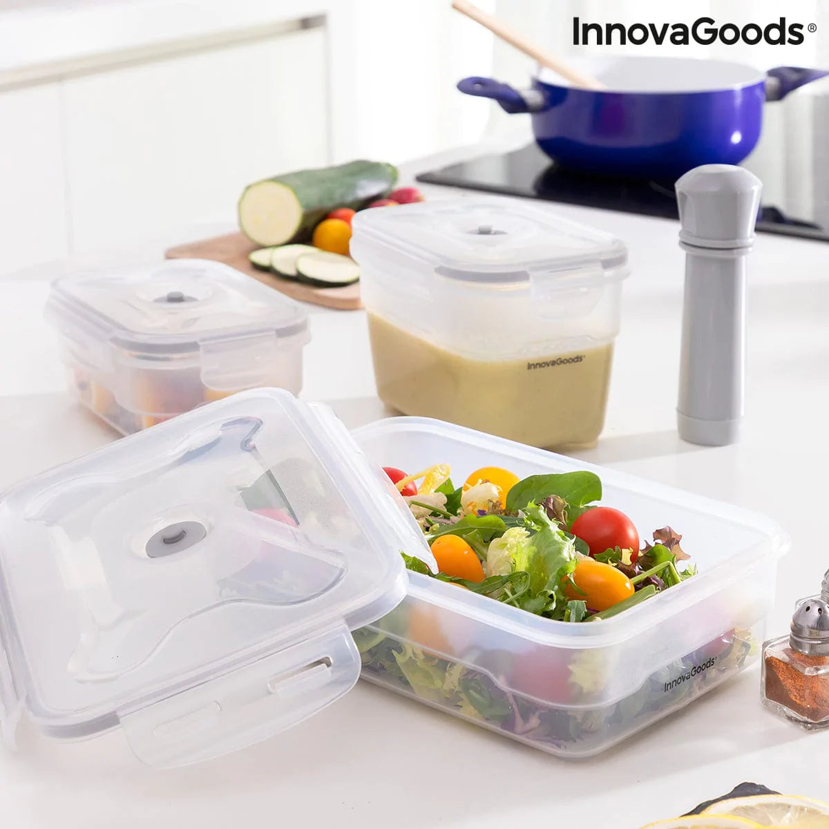 InnovaGoods Brotdosen, Lebensmittelbehälter und Salatschüssel 3er Set Vakuumverpackungsgefäße mit Handpumpe Vacse InnovaGoods