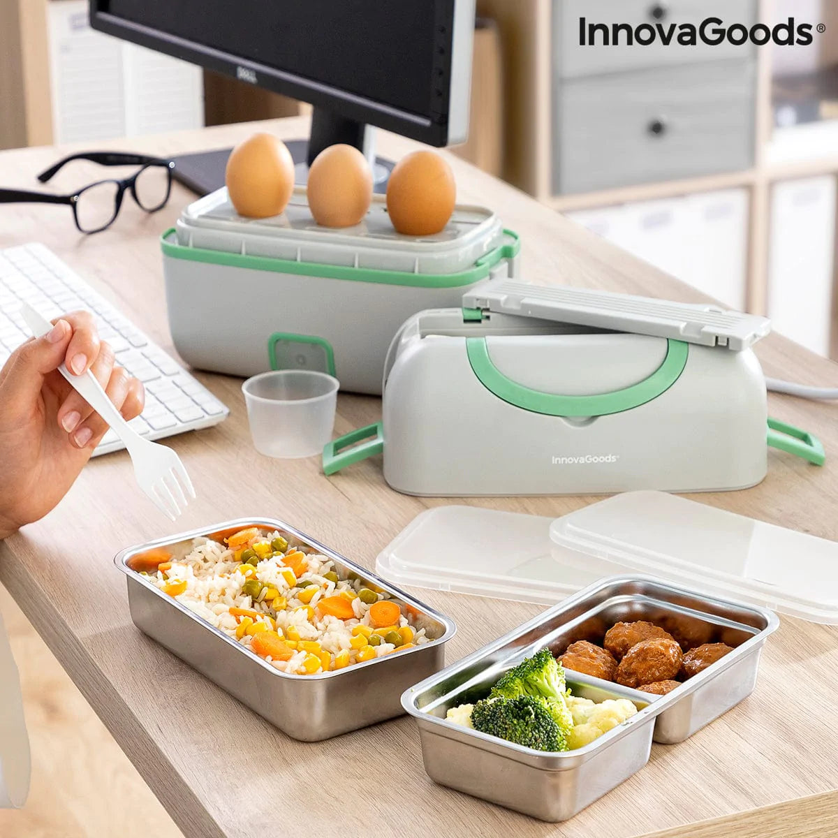 InnovaGoods Brotdosen, Lebensmittelbehälter und Salatschüssel Elektrische 3-in-1-Dampf-Lunchbox mit Rezepten Beneam InnovaGoods