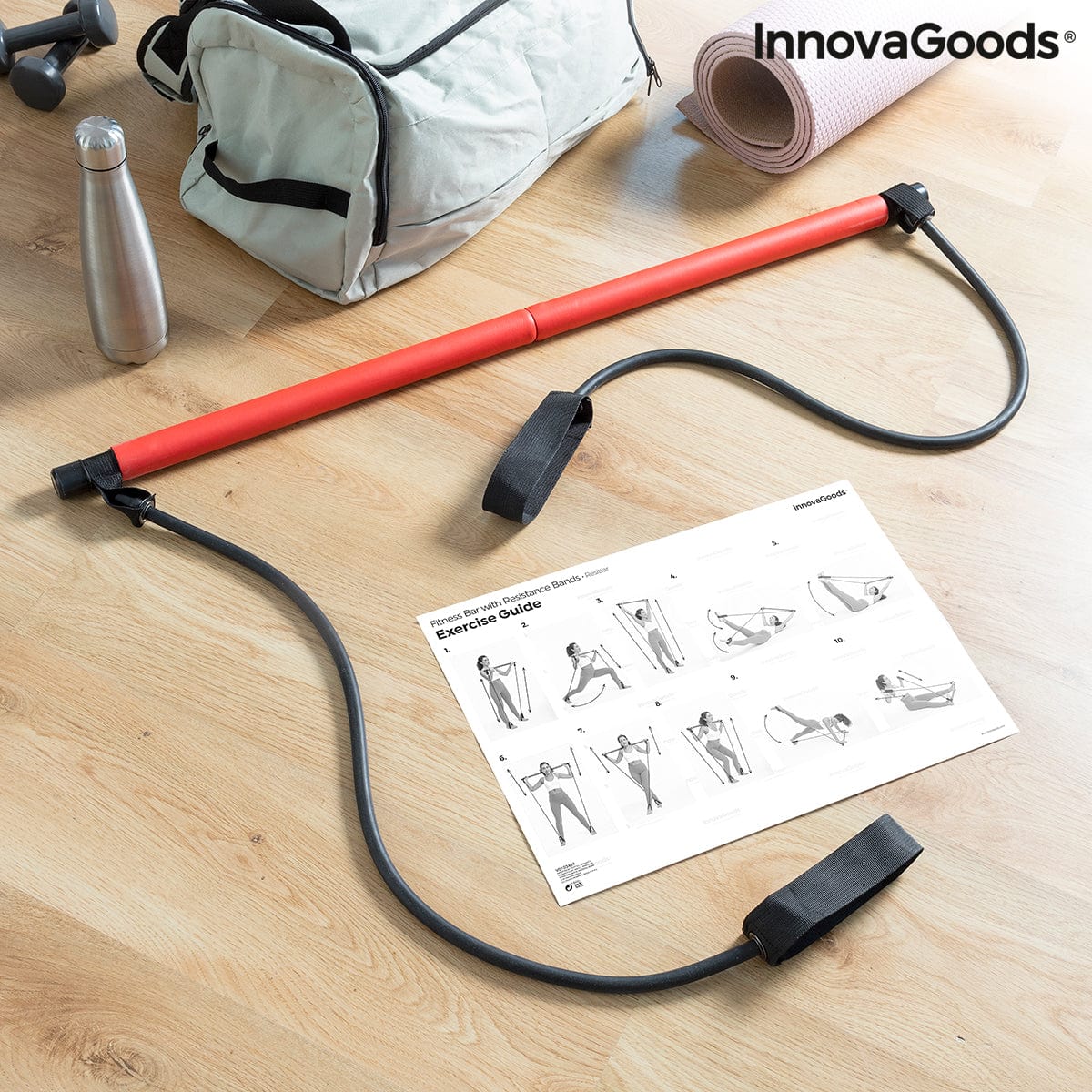 InnovaGoods Fitnessgeräte Trainingsstange mit Gummibändern und Übungsanleitung Resibar InnovaGoods